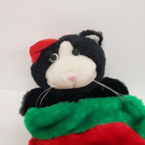 Black White Kitty Cat Christmas Holiday Stocking Felt Eyes Red Hat Plush - Picture 2 of 10